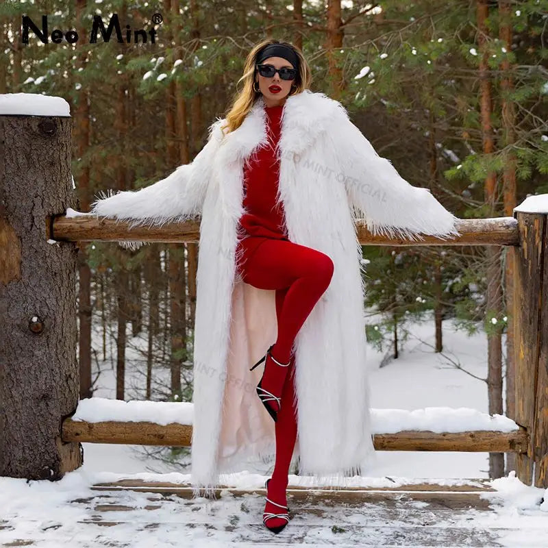 Long Eco Turkey Fur Coat Winter Tassels Faux Fur Jacket Thick Warm Fluffy Outerwear Overcoat