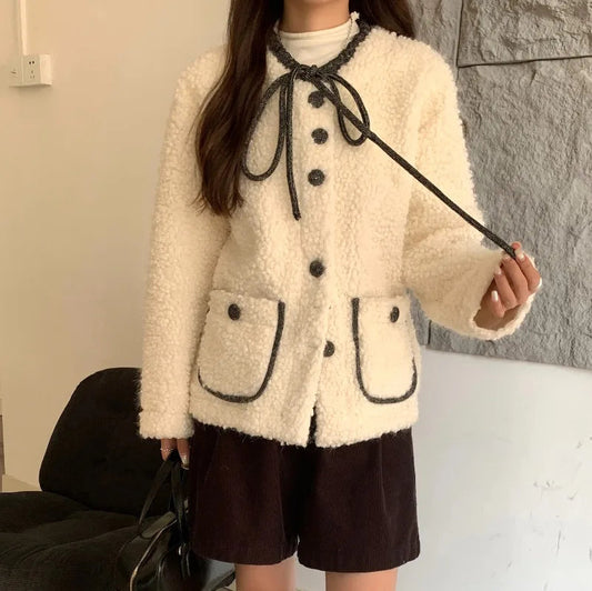 Sweet Hot Girl Oneck Doublesided Woolen Coat Autumn/winter Oneck Laceup Loose Coat Female Clothes