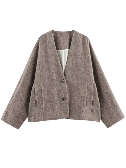 Faux Woolen Blend Jacket for Woman Winter Warm Vneck Single Breasted Loose Coats New Allmatc Jackets