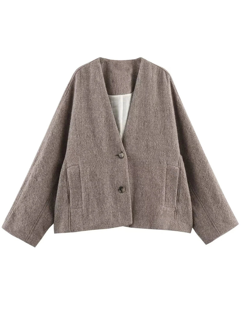 Faux Woolen Blend Jacket for Woman Winter Warm Vneck Single Breasted Loose Coats New Allmatc Jackets
