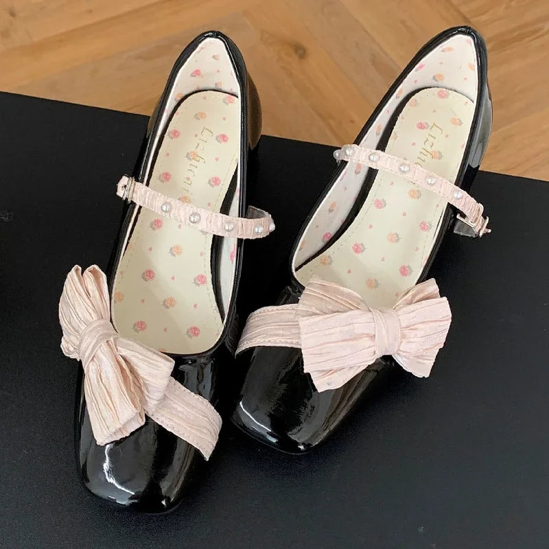 Butterflyknot Sweet Mary Jane Shoes Chunky Dress Shoes Shallow Designer Pumps Buckle Square Toe High Heels