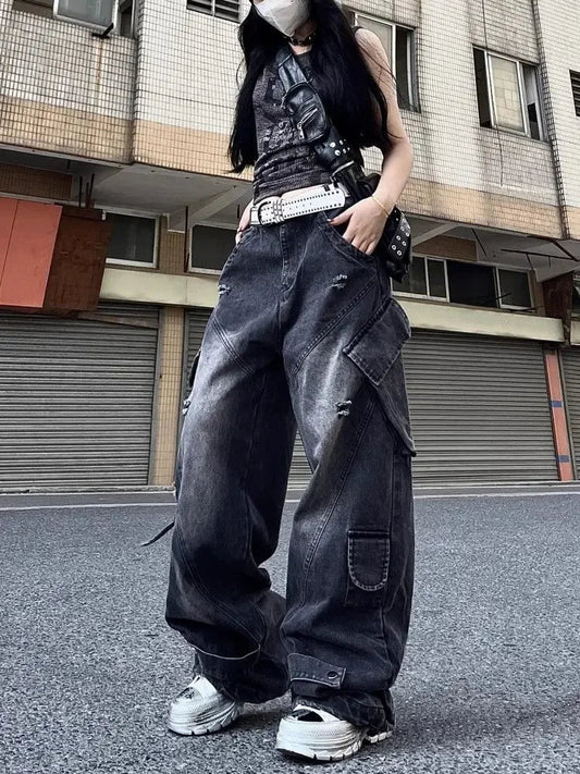 Black Ripped Cargo Jeans Hip Hop Harajuku Causal Loose Do Old Straight Wide Leg Denim Pants Y2k Mujer Trouser