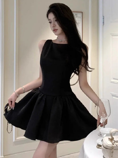 Party Mini Dresses Backless Bow Bandage Pearl Sleeveless Dress Slim French Style