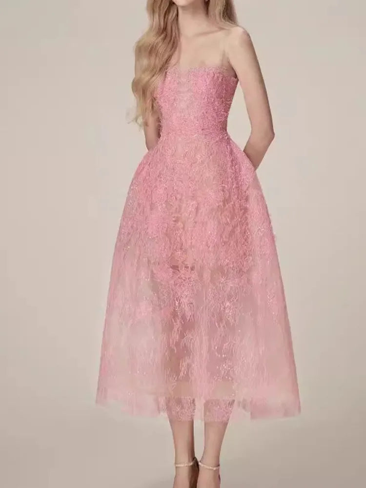 Korean Style 3d Flower Sequin Lace Strapless Dress Multi-color Mesh Long Dresses New Spring Summer A7877