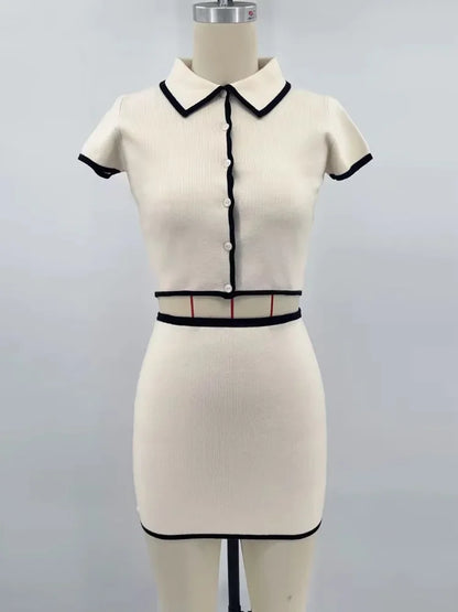 Contrast Color Knitted Mini Skirt Suit ’s Short Sleeve T-shirt Slim High Waisted Skirts Matching Sets