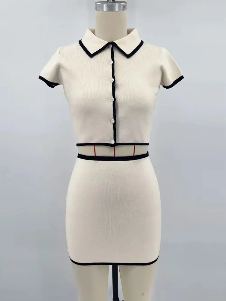 Contrast Color Knitted Mini Skirt Suit ’s Short Sleeve T-shirt Slim High Waisted Skirts Matching Sets