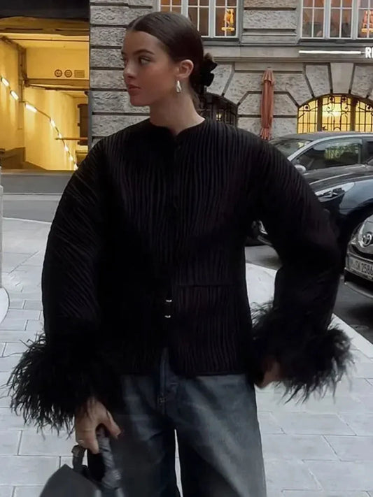 Spring Jacket for Long Sleeves Loose Quilted Coats Cuff Feather Laceup Outerwear