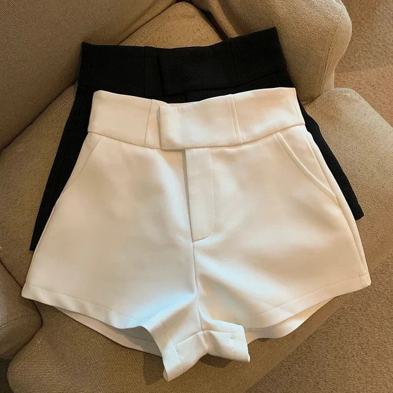 Suit Shorts High Waist Wide Leg Shorts Office Lady Korean Black White Simple All Match Short Pants