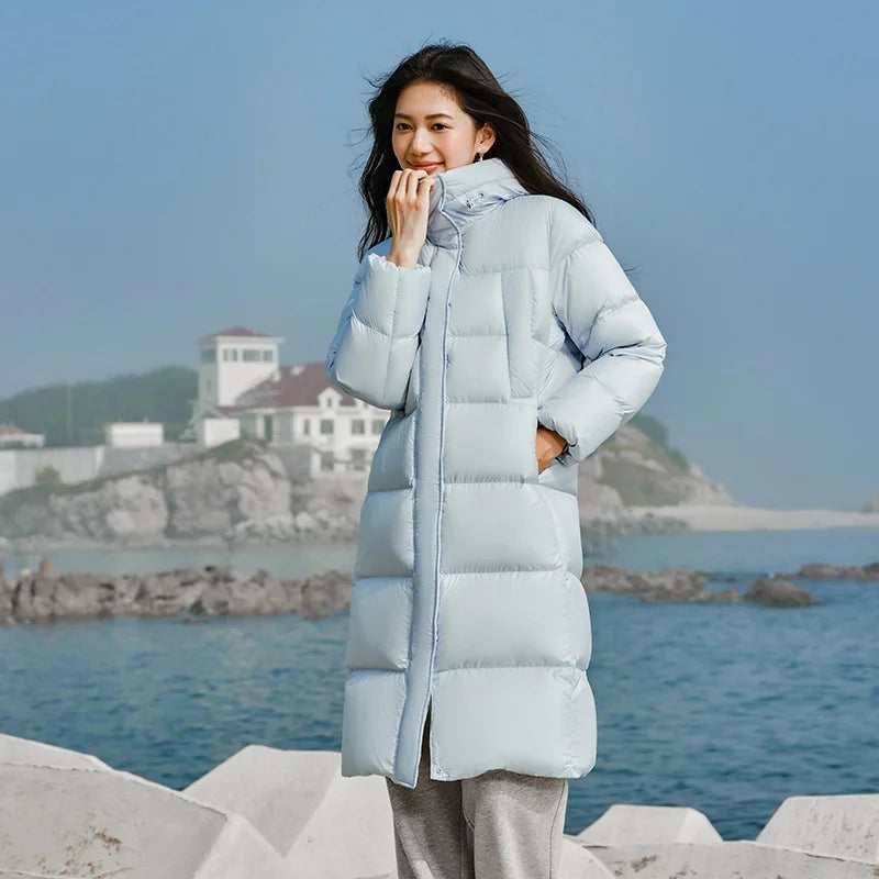 Down Jacket Long Length Three-proof Versatile Updated Winter New Loose Hooded Coat Simple Down Jacket