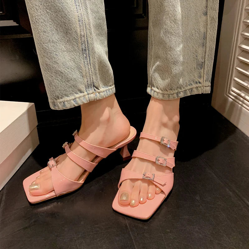 Design Slippers Summer Buckles High Heels Sandals Party Office Genuine Leather Pumps Shoes Woman