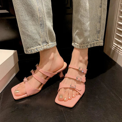 Design Slippers Summer Buckles High Heels Sandals Party Office Genuine Leather Pumps Shoes Woman