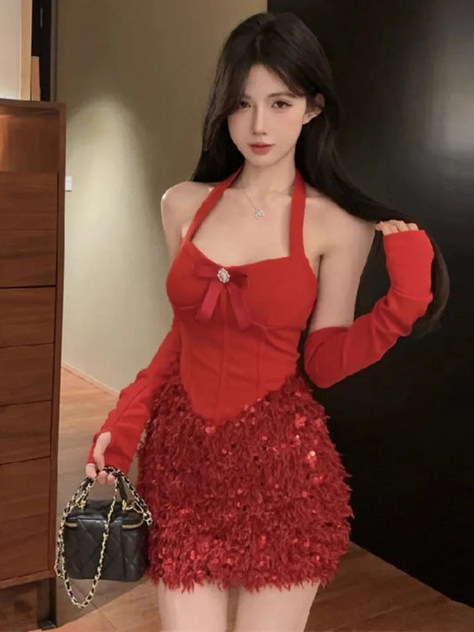 Party Mini Dresses Tassel Patchwork Sequins Halter Sleeveless Slim Bow Backless Clubwear