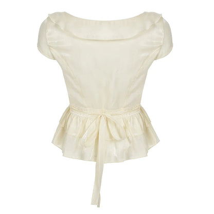 Peter Pan Collar Tiered Aline Blouse Sweet Slimming Back Tieup Bow Shirts Short Sleeve Top Summer