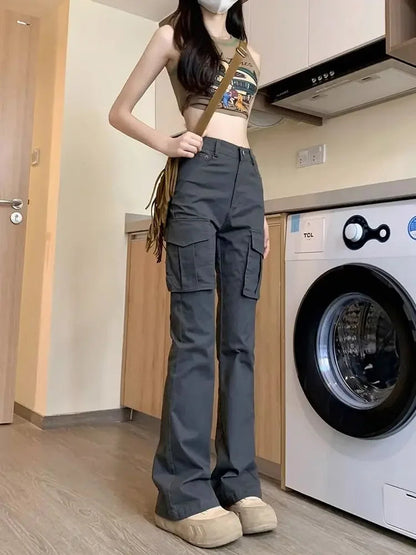 Pants for Autumn New High Waist Retro Spicy Girl Flare Pants Y2k Elastic Jeans Gray Wide Leg Pants