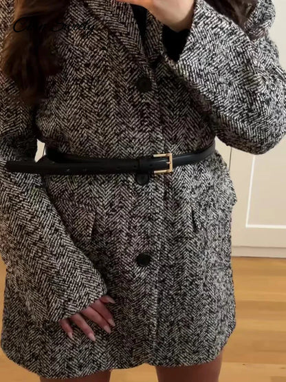 Winter With Belt Blazer Coat Loose Lapel Tweed Wool Blends Warm Jacket Temperament Commuting Lady Outwear