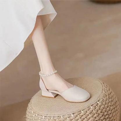 Summer Shoes Pearl Square Heels for Office Work Medium Sandals Woman Footwear H on Offer Designer Original