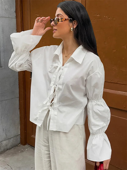 Chiffon Lace-up Hollow Out Shirts ’s Lapel Patchwork Bandage Long Sleeve Blouse Top Female White Outwear