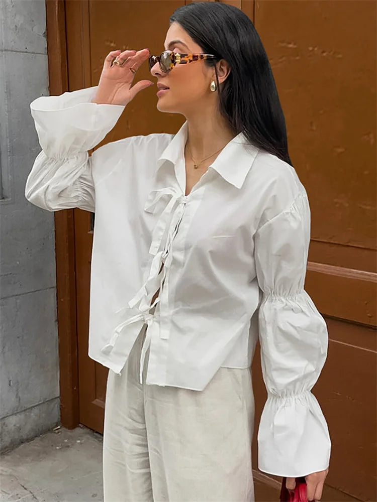 Chiffon Lace-up Hollow Out Shirts ’s Lapel Patchwork Bandage Long Sleeve Blouse Top Female White Outwear