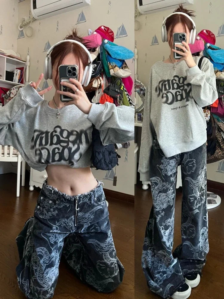 Chinese Style Jeans Y2k Baggy Dragon Print High Waist Zip Wide Leg Denim Pants Hip Hop Causal Kpop Bottoms