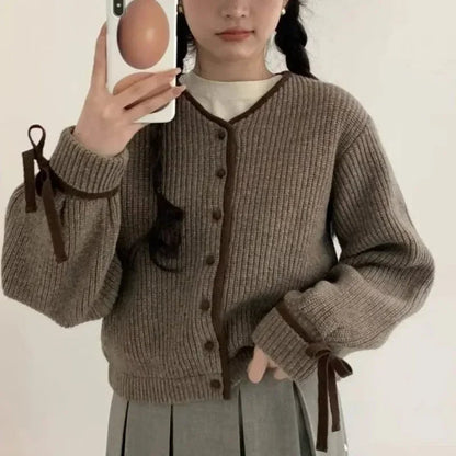 French Style Cardigan Autumn Winter Sweet Bow Knitted Sweater Coat Knitwear Simple Clothes