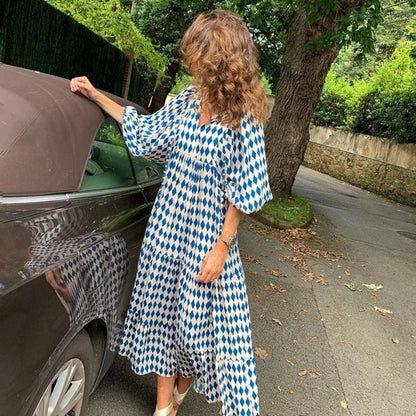 Puff Sleeve Maxi Dress Print V-neck Loose Holiday Beach Party Vestidos