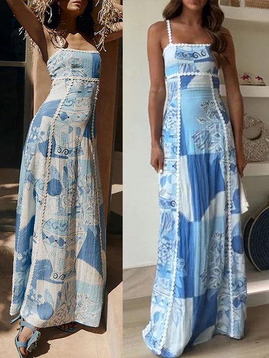 Linen Strapless Suspender Maxi Dress Lace Backless Large Hem Printed Long Skirt New Holiday Vestidos