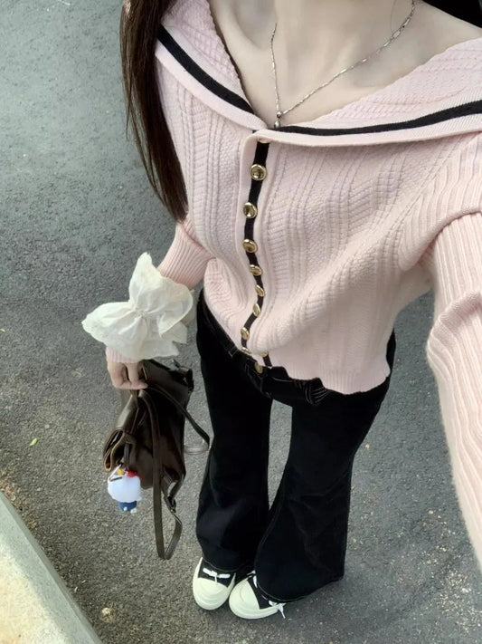 Sweet Hot Girl Pink Off Shoulder Longsleeved Sweater Autumn Sailor Collar Knitted Cardigan Top Female Clothes