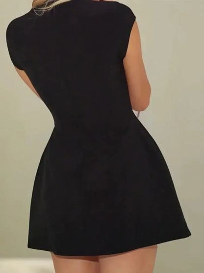 New Slim Pockets Mini Dress Oneck Short Sleeve Aline Dresses Office Lady Commuting Robes
