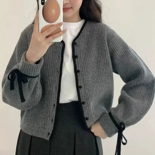 French Style Cardigan Autumn Winter Sweet Bow Knitted Sweater Coat Knitwear Simple Clothes