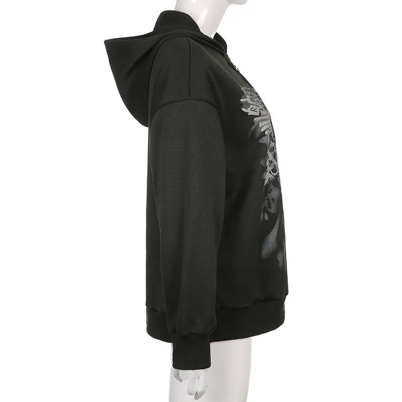 Dark Personality Printed Hoodie Female American New Black Hooded Zipper Coat Loose Top