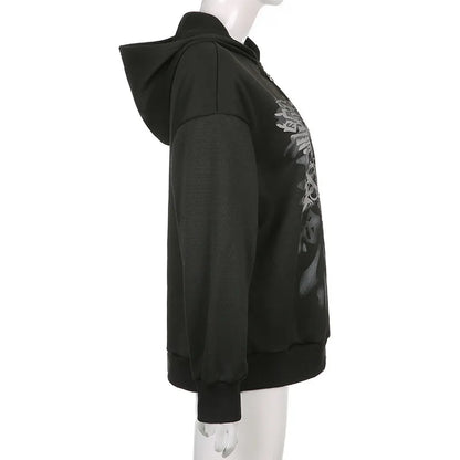 Dark Personality Printed Hoodie Female American New Black Hooded Zipper Coat Loose Top