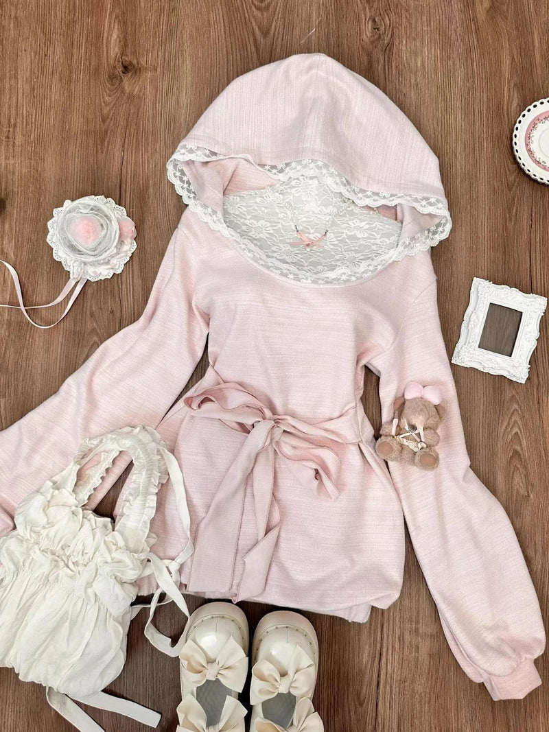 Kawaii Pink Mini Dress With Hooded Lace Japanese Short Party Dress Female One Piece Dress Koreean Autumn