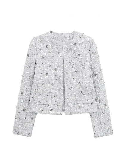 Spring Woman Silver Sequins Jacket Oneck Long Sleeves Cropped Coats Female Open Front Outerwear