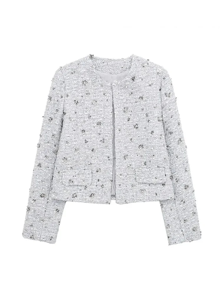 Spring Woman Silver Sequins Jacket Oneck Long Sleeves Cropped Coats Female Open Front Outerwear