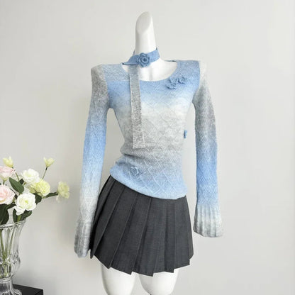 Sweet Hot Girl Gradient Slim Fit Sweater for Spring and Autumn Flower Oneck Knitted Pullover Female Clothes