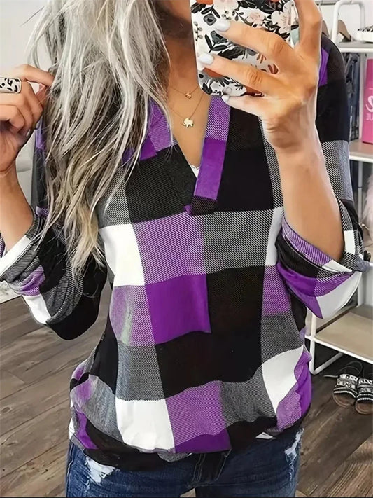 Spring Autumn Style Blouses Shirts Lady Long Sleeve V-neck Plaid Printed Blusas Tops Df5006