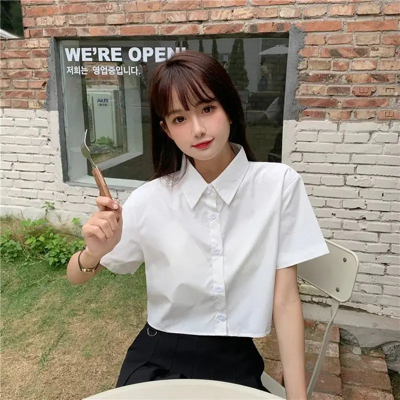 Oversize White Cropped Shirt Summer Short Sleeve Polo Neck Sweet Preppy Button Short Shirts Korean Female Blouses Blusa