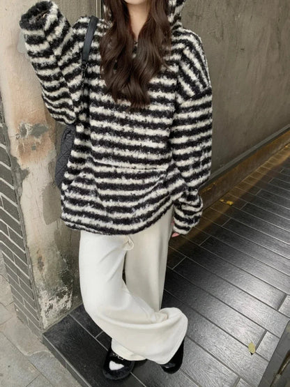 Harajuku Striped Long Sleeve Pullovers Sweatshirt Oversized Hoodies for Winter Warm Clothes New