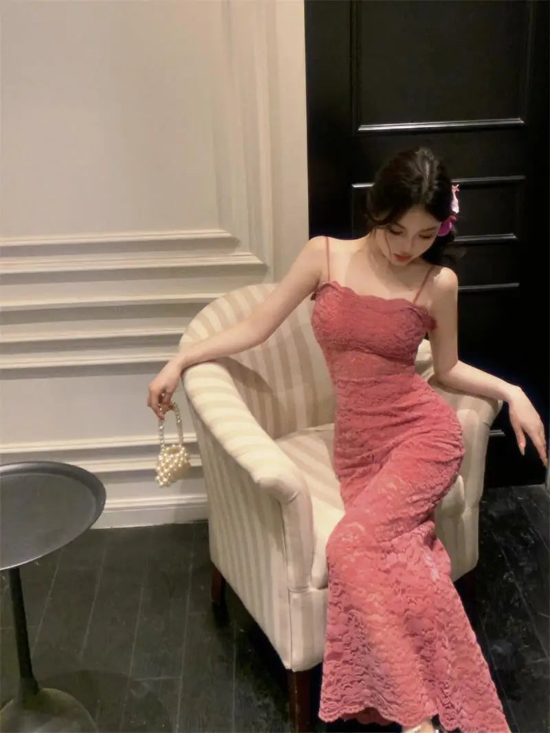 Rose Red Hollow Lace Suspender Dress for in Summer Waisthugging Skirt