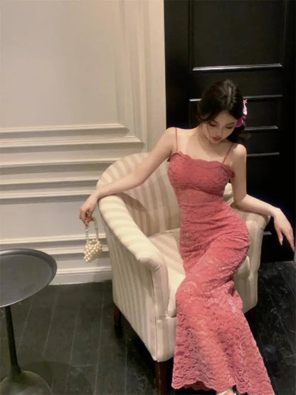 Rose Red Hollow Lace Suspender Dress for in Summer Waisthugging Skirt
