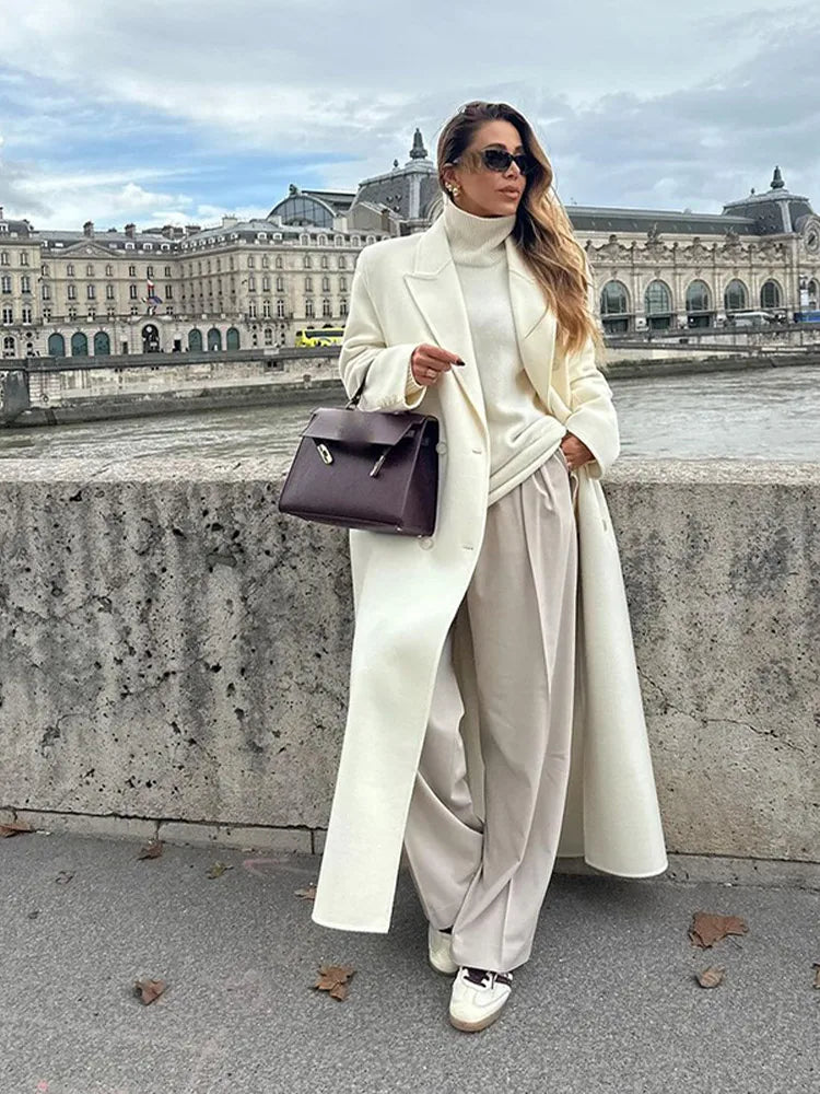 White Double Breasted Loose Woolen Coat Oversized Long Sleeve Overcoat Fall Winter New Outerwear