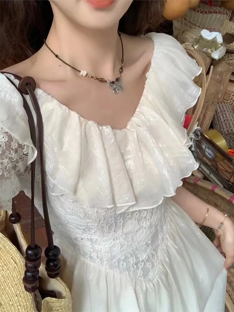 Off Shoulder Midi Dress Lace Patchwork New Summer Ruffles Aline French Prom Robe Vestidos
