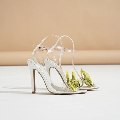 Orchid Flowers Slingback Pvc Sandals Sweet Glossy Decals Pink Clear High Heels Girly Newest Open Toe Party Shoes