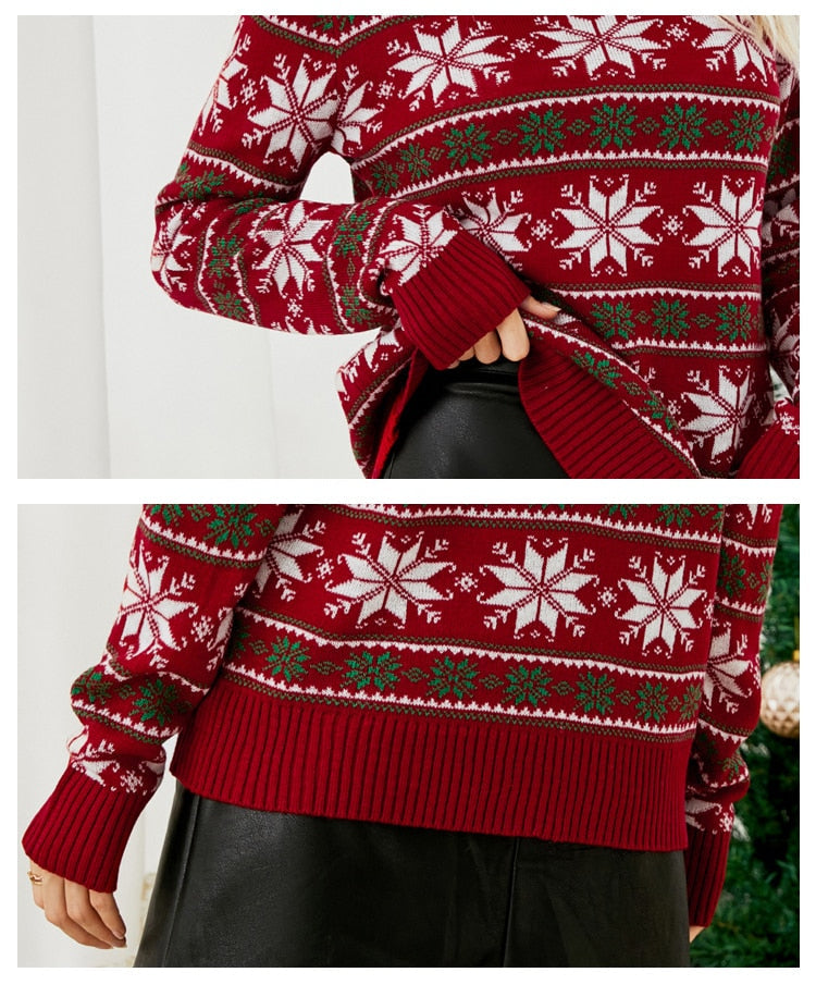 Long Sleeve Small Snowflake Slim Red Christmas Print Sweater Knit Jumperpullover Sweater