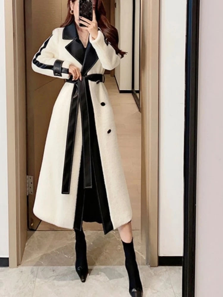 Autumn Winter Woolen Coat Patchwork Long Jackets With Belt Lapel Korean Female Outerwear New Soft Overcoat