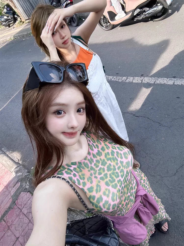 Y2k American Slim Party Dress Office Lady Causal Leopard Print Dress Summer Korean Midi Dress