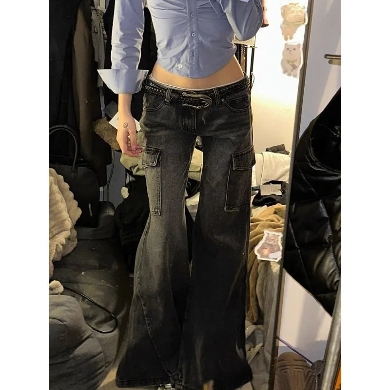 Y2k Flare Cargo Jeans Woman American Retro Low Waist Black Denim Pants Grunge Gothic New Trousers