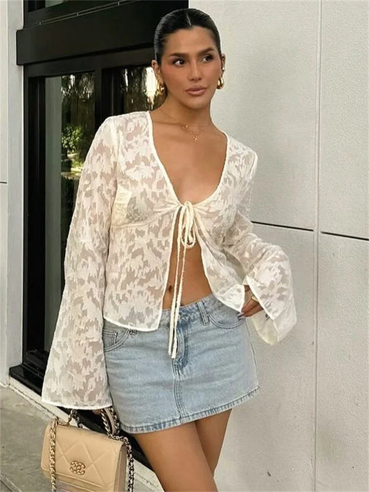 Lace Printed See-through T-shirt Cardigan Top Female Lace-up Patchwork Cropped Y2k Top Tee ’s Bandage Top