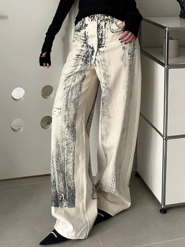 Tie Dye Jeans Hip Hop Baggy Street Do Old Straight Wide Leg Denim Trousers Y2k Dirty Female Pants