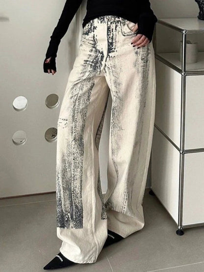 Tie Dye Jeans Hip Hop Baggy Street Do Old Straight Wide Leg Denim Trousers Y2k Dirty Female Pants